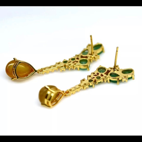 Natural Emerald and Yellow Sapphire Cabochon earrings 14k over 925 Silver New - Picture 3 of 5